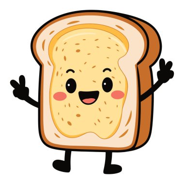 Mutlu kadeh kaldırmalar, karakter çizimi. Kahvaltı ve yemek temaları için gülümseyen ekmek dilimi çizgi filmi.