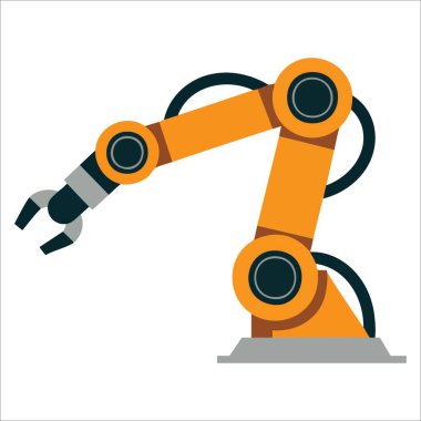 Gelişmiş teknoloji turuncu robotik kol kavrayıcı ile gösteriliyor. Robotları ve otomasyonu temsil eden endüstriyel bir ortamda otomatik görevler yerine getiriyorlar.