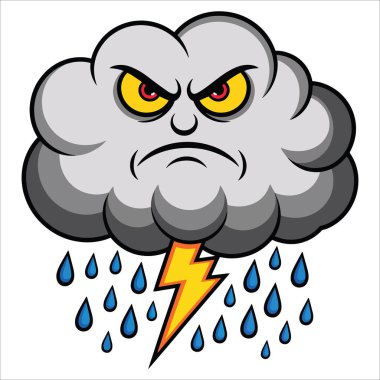 Kızgın bulut, şimşek ve yağmur vektörü çizimleri beyaza izole edilmiş. Hava, fırtına ve doğa temalı tasarımlar için uygun ifade edici elementler gerektiriyor.