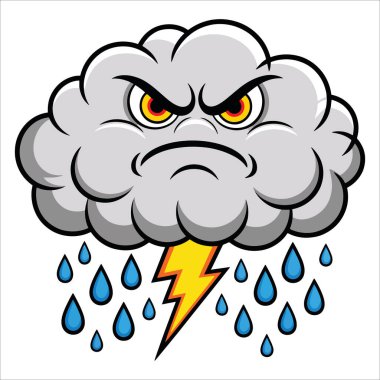 Çizgi film kızgın bulut, şimşek ve yağmur vektörü çizimi. Hava uyarıları, doğa temaları ve anlamlı tasarım projeleri için harika..
