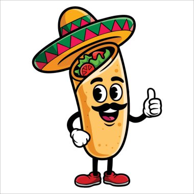 Meksika yemek markası ve eğlenceli karakter tasarımı projeleri için ideal sombrero şapka giyen çizgi film burrito maskotu vektör çizimi.