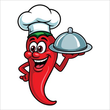 Şefin tabağı gibi giyinmiş karikatür biberi mutfak maskotu temaları, yemek servisi promosyonları ve baharatlı tarif grafikleri için mükemmel.