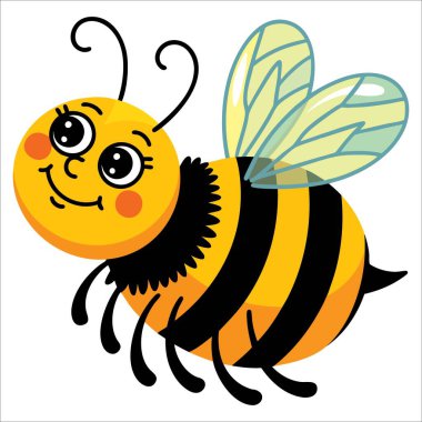 Beyaz arka planda gülümseyen çizgi film uçan çizgili arı. Çocuklar ve bahçe hayvanları için sevimli bir böcek karakteri. Vektör etiketi illüstrasyonu