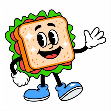 Çizgi film maskotu yürüyen sandviç vektör klipsi yemek temaları, markalaşma projeleri ve günlük karakter tasarımları için ideal resim çizimi.