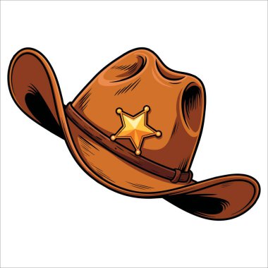 Çizgi film eski batı şerifi şapkası. Altın yıldızlı el çizimi, şeffaf arka planda izole edilmiş. Kovboy, kovboy ve kanun uygulama temaları için mükemmel..