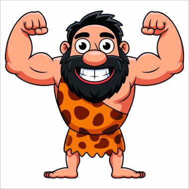 Çizgi film karakteri gülümseyen mağara adamı beyaz arka planda izole edilmiş kaslarını kasıyor. Eğlence, geçmiş ve uygunlukla ilgili grafikler için vektör biçimi ideal.