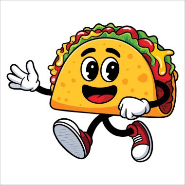 Sıradan yürüyen tako çizgi film maskotu illüstrasyon vektör klipsi sanat el çizimi yemek temaları, eğlence markalaşması ve oyuncu maskot tasarımları için idealdir..