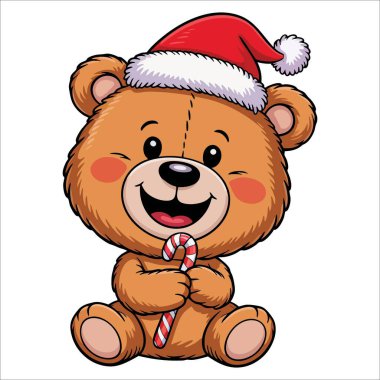 Noel ayısı elinde çizgi film karakterinde şeker kamışı tutuyor. Şirin xmas tasarımları ve neşeli kutlama temaları için mükemmel bir tatil illüstrasyonu