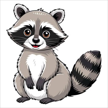 Düz vektör tarzında çocuk çizgi filmi rakunu. Hayvan çizimleri, çocukların tebrik kartları ve eğlenceli poster tasarımları için harika.