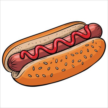 Sosis, çörek ve hardallı klasik sosisli sandviç ana hatlı vektör, Amerikan sokak yemeği tasarımı barbekü görselleri ve aperatif çizimler için idealdir.
