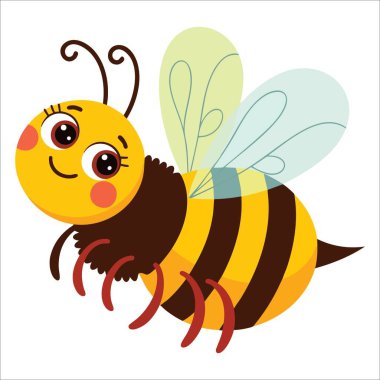 Beyaz arka planda gülümseyen sevimli uçan çizgili arı. Çocuklar için düz çizgi film karakteri, bahçe hayvanı çıkartması konsepti çizimi