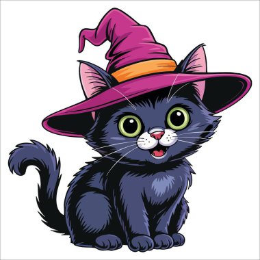 Tatlı cadılar bayramı kara kedisi yeşil sihirli gözleri ve sihirli şapkası var. El yapımı fantezi ve mistik peri masalı öğeleri ödül ve hileler için mükemmeldir..