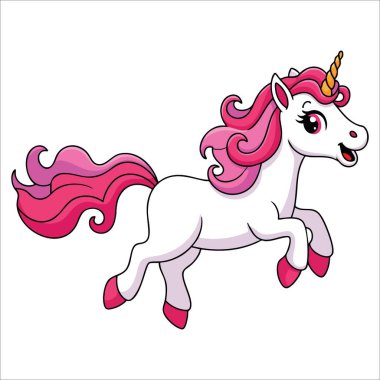 Şirin sihirli tek boynuzlu at çizgi film maskotu karakteri koşuyor. Beyaz arkaplanda izole edilmiş vektör illüstrasyonu fantezi, sihir ve çocuk temalı tasarımlar için ideal.