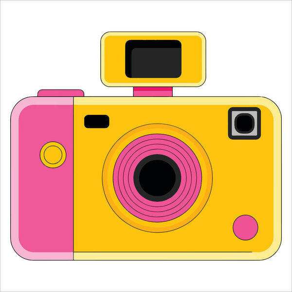 Милая пленка ретро фотокамера в современном цифровом дизайне с объективом, наклейка в винтажном стиле с контуром, изолированный вектор для темы технологической ностальгии