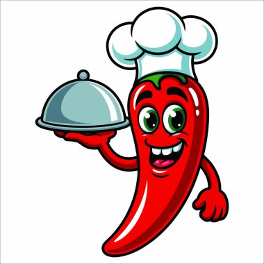 Şirin kırmızı biber şefi elinde tabakla yemek maskot teması, baharatlı yemek pişirme ve restoran tasarımları için ideal karakter çizimi sunuyor.
