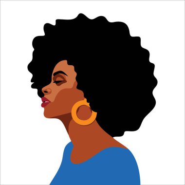 Yan profil vektör sanatında koyu tenli kız. Çeşitlilik kutlamaları, görsel portreler ve resimli kültürel farkındalık için idealdir..