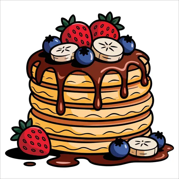 Çikolata şurubu, muz ve böğürtlenli leziz krepler ana hatlarıyla hazırlanmış kahvaltıda tatlı ikram, yemek çizimleri ve menüler için mükemmel.