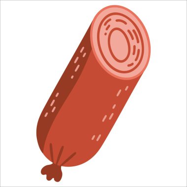 Dilimlenmiş et yemeği, haşlanmış domuz eti, sosis, sosis ve füme sosis. Beyaz arkaplanda izole edilmiş renk vektörü illüstrasyonu