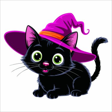 Cadılar Bayramı 'nda sihirli şapkalı, yeşil gözlü siyah kedicik çizildi. Fantezi peri masalı temaları ve ikramlar veya mevsimlik dekorasyonlar için ideal.