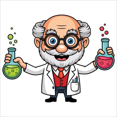 Bilim temalı tasarımlar için mükemmel bir karikatür karakteri illüstrasyon klip sanatıyla dolu şişe ve matara tutan çılgın bilim adamı veya profesör..