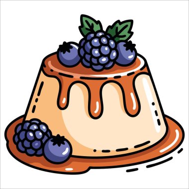 Böğürtlenli panna cotta tatlısı, meyve sosu ve ana hatlarıyla tatlı sosu fırın temaları, yemek tasarımı ve pasta vektör projeleri için mükemmel.