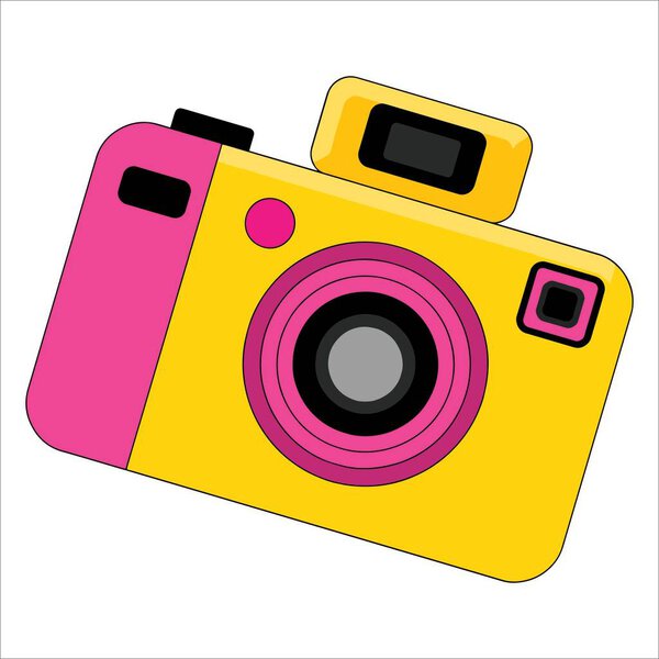 Ретро фотокамера с объективом в винтажном стиле, симпатичная наклейка с контурной линией, современный цифровой вектор устройства изолирован на белом фоне