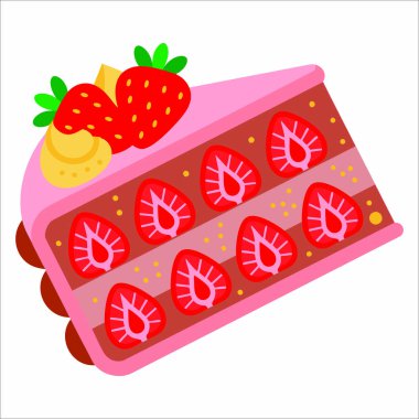 Çizgi film tarzında doğum günü pastası dilimleri. Mum, çikolata, meyve ve meyveli pasta parçaları tatil veya tatlı görselleri için.