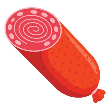 Haşlanmış domuz eti, sosis, füme sosis, dilimlenmiş ve tam sosis. Yemek ve et yemeğinin beyaza izole edilmiş renk vektörü çizimi