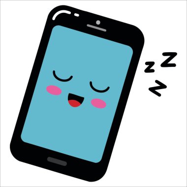 Kawaii tarzında uyuyan cep telefonu emoji simgesi. Teknoloji ve web görselleri için beyaz, düz vektör dizaynına izole edilmiş komik yüzlü şirin siyah akıllı telefon.