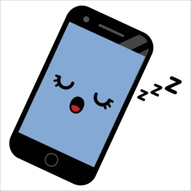 Kawaii tarzında sevimli emoji suratlı uyuyan akıllı telefon. Siyah telefon karakterinin vektör simgesi, dijital teknoloji görselleri ve eğlenceli mobil tasarımlar için ideal