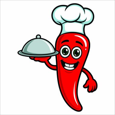 Gülümseyen kırmızı biber şefi tabağı tutuyor, baharatlı tarifler için eğlenceli sebze çizimleri, yemek maskotları, ve restoran markaları.