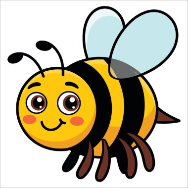 Gülen çizgili arı beyazın üzerinde tek başına uçuyor. Çocuklar ve bahçe hayvanları temaları için şirin bir karikatür böcek çıkartması. Düz vektör illüstrasyonu