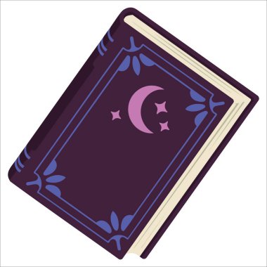 Sihirli temalı ve mistik tılsımlı büyü kitabı. Beyaz arkaplanda izole edilmiş vektör çizimi, fantezi ve aşk büyüsü tasarımları için mükemmel.