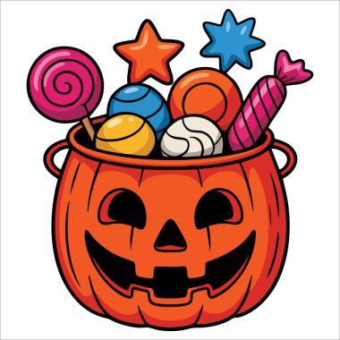 Ürkütücü Cadılar Bayramı şekeri dolu cadılar bayramı kazan vektör çizimi mor kovalı lolipoplar mısır şekeri ve şekerlemeler Cadılar Bayramı için ideal
