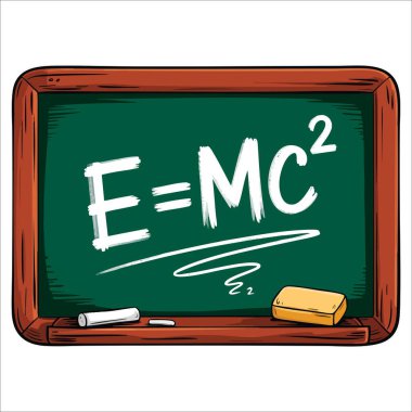 Kütle enerjisi denklemi E eşittir tahtadaki MC2. Bilim, fizik, eğitim ve akademik temalar için vektör illüstrasyonu ideali.