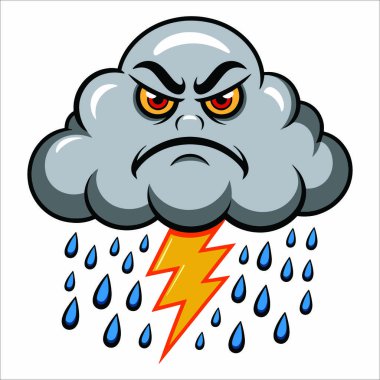 Beyaz arka planda izole edilmiş yağmurlu ve yıldırımlı kızgın bulutlar. Fırtına uyarıları, hava tahminleri ve dramatik doğa görüntüleri için mükemmel..