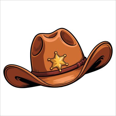 Şeffaf arka planda izole edilmiş altın yıldızlı eski batı şerifi şapkası. Vahşi batı, kolluk kuvvetleri ve klasik temalı tasarımlar için ideal..