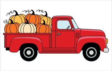 Kabaklı mavi bir kamyonun vektör çizimi. Sonbahar temaları, hasat kutlama tasarımları ve Şükran Günü sanat eserleri için mükemmel..
