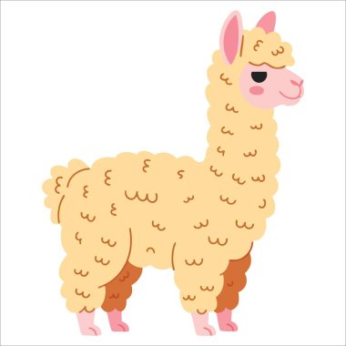 Çocuklar için çizilmiş bir lamanın vektör çizimi. Çocuk temalı sanat eserleri, hayvan posterleri ve düz stil şirin tebrik kartı görselleri için ideal..