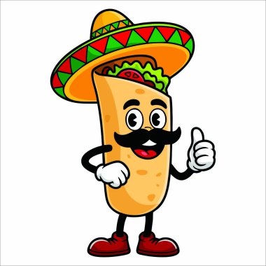 Vektör maskot çizimi burrito 'nun yemek temalı markalar, kültürel tasarımlar ve oyuncu maskotluk projeleri için mükemmel sombrero giymeyi bıraktığını gösteriyor..