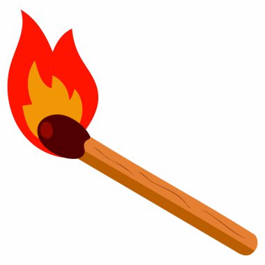 Bej arka planda yanan kibrit. Düz vektör çizimi. Ateş enerjisi ısı tehlikesi ve alevlerle ilgili tasarım projeleri için mükemmel.