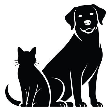 Sırt üstü oturan kedi ve köpek siyah siluetleri beyaz bir arkaplanda izole edilmiş, yassı vektör çizimi hayvan tasarımları, evcil hayvan temaları, arkadaşlık ve minimal siluet tarzı için ideal.