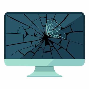 Kırık monitör simgesinin düz çizimi. Beyaz arkaplanda izole edilmiş web için vektör simgesi, onarım servisi, dijital hata ve teknoloji görselleri için uygun.