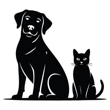 Beyaz arka planda sırt sırta oturan kedi ve köpeğin siyah siluetinin düz vektör çizimi, evcil hayvan sembolü, hayvan arkadaşlığı ve minimum tasarım kontrastı