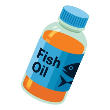 Çağdaş tasarımda besin, ilaç, eczane, sağlık takviyesi, diyet sağlığı ve tıp bilimi temalarının sembolü olan şeffaf şişe içindeki sıvı omega 3 balık yağını gösteren düz vektör çizimi