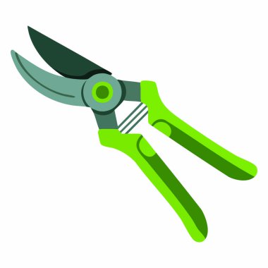 Yeşil saplı bahçe budayıcısı, düz vektör illüstrasyon tarzında dalları ve gövdeleri kesmek için bir araç, bahçe ve doğa temaları için ideal.