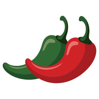 Yeşil biber ve kırmızı biber vektör çizimi düz çember arkaplan tasarımı, acı biber sembolü, baharatlı yemek malzemeleri, mutfak pişirme teması ve modern görsel tarzın en aza indirgenmesi.