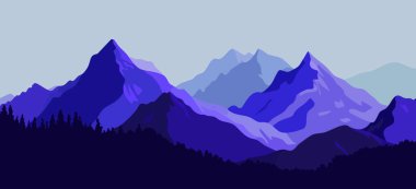 Dağların manzarası ve tepeleri olan kırsal doğa arka planı, ekstrem spor seyahatleri ve açık hava eğlencelerini temsil eden silüet çizgisi vektör ilülasyonu.