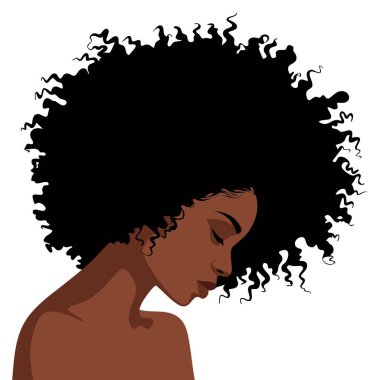 Kıvırcık saçlı ve kapalı gözlü Afrikalı veya Afrikalı Amerikalı bir kadının yan portresi, güzellik, zarafet, kültürel kimlik, moda temaları ve sanatsal görselleri temsil eden düz bir vektör çizimi