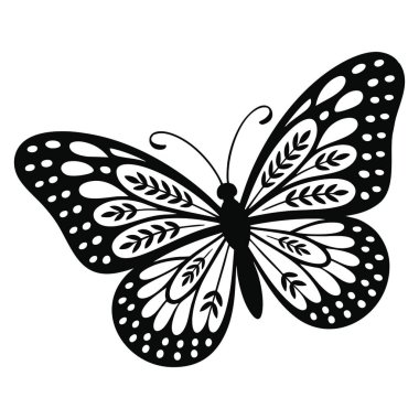 Beyaz arka planda izole edilmiş, böcek, fantezi, dekoratif ve doğa için ideal, yapraklar ve dairelerle süslenmiş, kelebek siyah siluetinin vektör çizimi